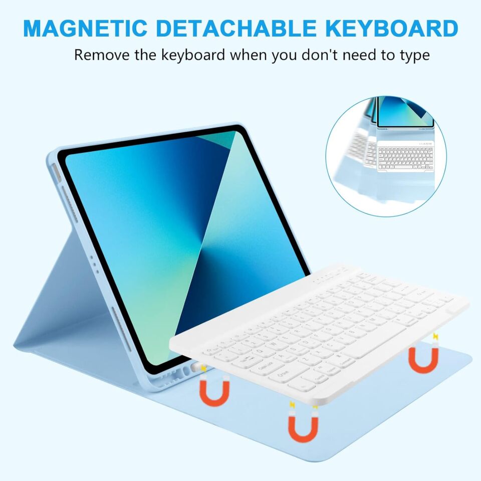 Apple iPad Air 13 M2 (2024) Rgb LED Işıklı Türkçe Karakterli Bluetooth Özellikli Kalemlikli Klavyeli Kılıf Turkuaz