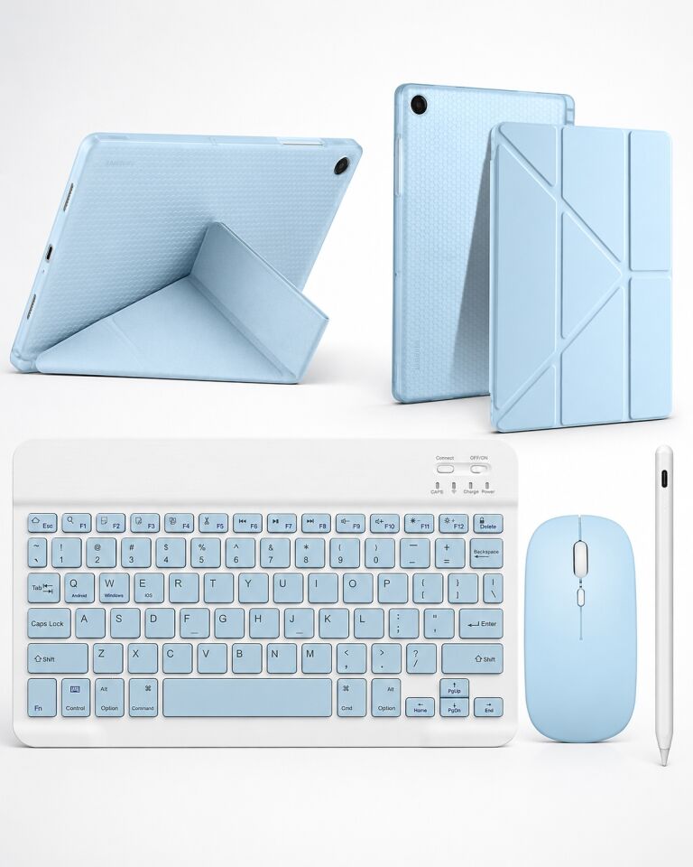 Five-E Samsung Galaxy Tab A11 (8,7 Inc) Smart Combo Türkçe Klavyeli Tablet Origami Kılıf Seti -Mouse Kalem Dahil