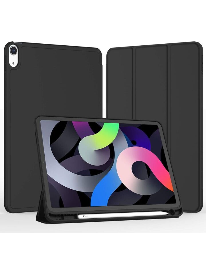 Apple iPad Air 5. Nesil 10.9 (2022) Kalemlikli Uyku Modlu Yatay Standlı Stromix Smart Kılıf A2588 A2589 A2591 Siyah