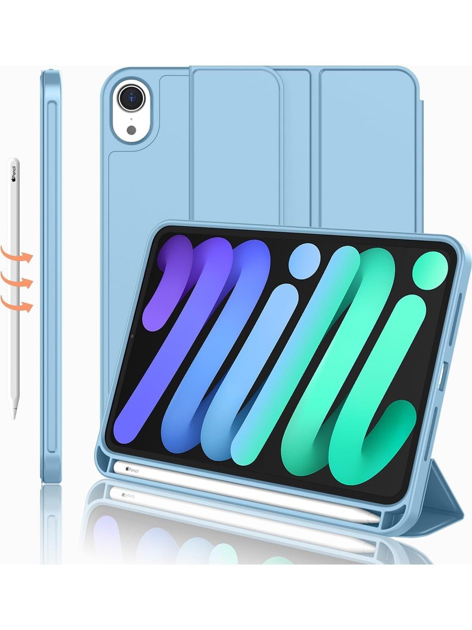 Apple iPad Mini 7 A17 Pro (2024) Kalemlikli Uyku Modlu Yatay Standlı Stromix Smart Kılıf Açık Mavi