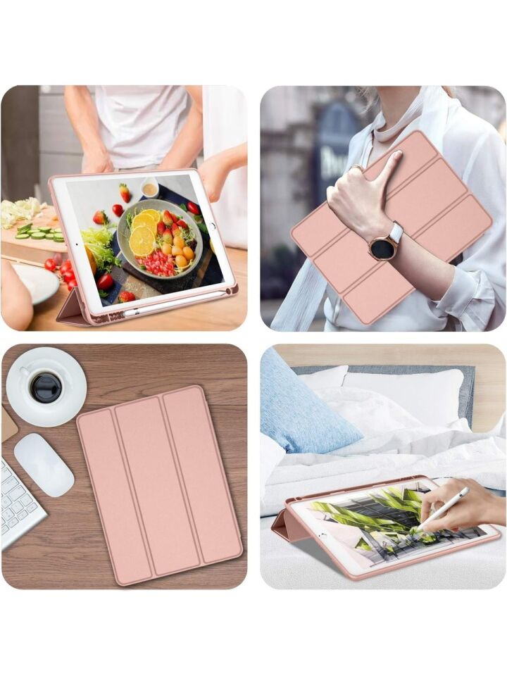 Apple iPad 8. Nesil 10.2 Inc (2020) Kalemlikli Yatay Standlı Stromix Smart Kılıf A2270 A2428 A2429 A2430 Pembe