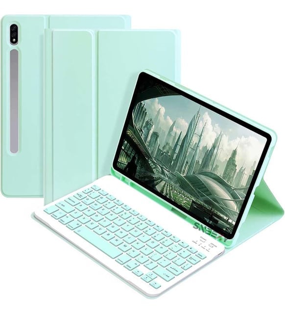 Samsung Galaxy Tab S9 Plus Rgb LED Işıklı Türkçe Karakterli Bluetooth Özellikli Kalemlikli Klavyeli Kılıf Yeşil