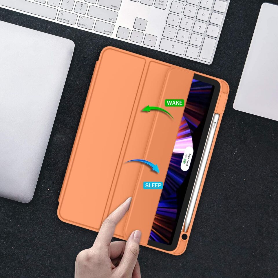Apple iPad Air 13 M4 (2026) Kalem Şarjına Uygun Kalemlikli Yatay Standlı Stromix Smart Kılıf Turuncu