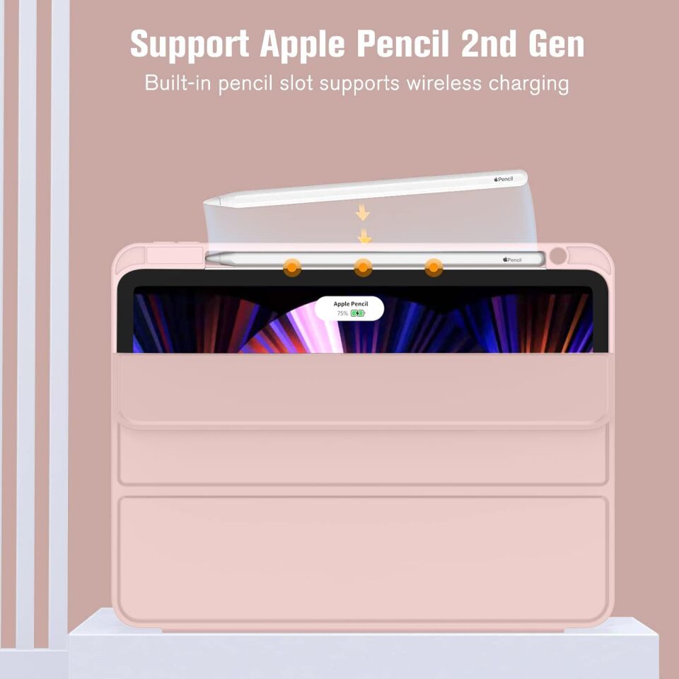 Apple iPad Air 13 M2 (2024) Kalem Şarjına Uygun Kalemlikli Yatay Standlı Stromix Smart Kılıf Rose Gold