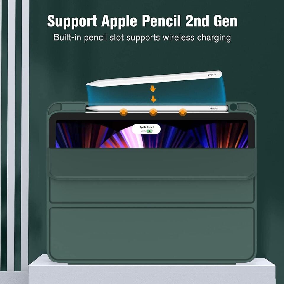 Apple iPad Air 13 M2 (2024) Kalem Şarjına Uygun Kalemlikli Yatay Standlı Stromix Smart Kılıf Haki