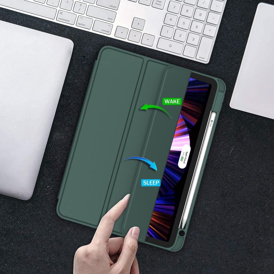 Apple iPad Air 13 M2 (2024) Kalem Şarjına Uygun Kalemlikli Yatay Standlı Stromix Smart Kılıf Haki