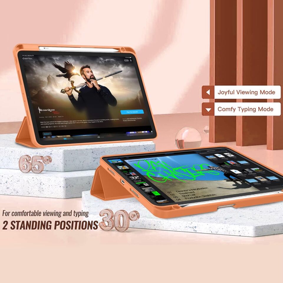 Apple iPad Air 13 M2 (2024) Kalem Şarjına Uygun Kalemlikli Yatay Standlı Stromix Smart Kılıf Turuncu