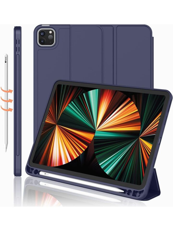 Apple iPad Pro 12.9 (2021) 5. Nesil Kalemlikli Yatay Standlı Stromix Smart Kılıf A2378 A2461 A2379 Lacivert