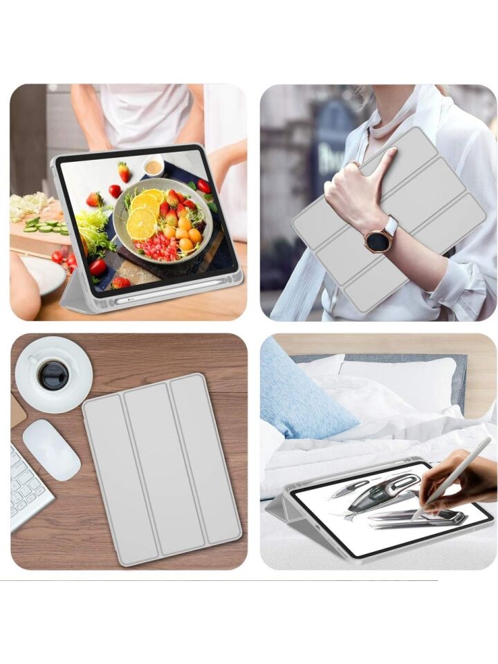 Apple iPad Pro 12.9 (2021) 5. Nesil Kalemlikli Yatay Standlı Stromix Smart Kılıf A2378 A2461 A2379 Gri