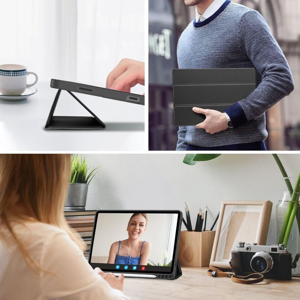 Samsung Galaxy Tab S11 Kalem Şarjına Uygun Kalemlikli Uyku Modlu Stromix Standlı Kapaklı Kılıf SM-X730 Siyah