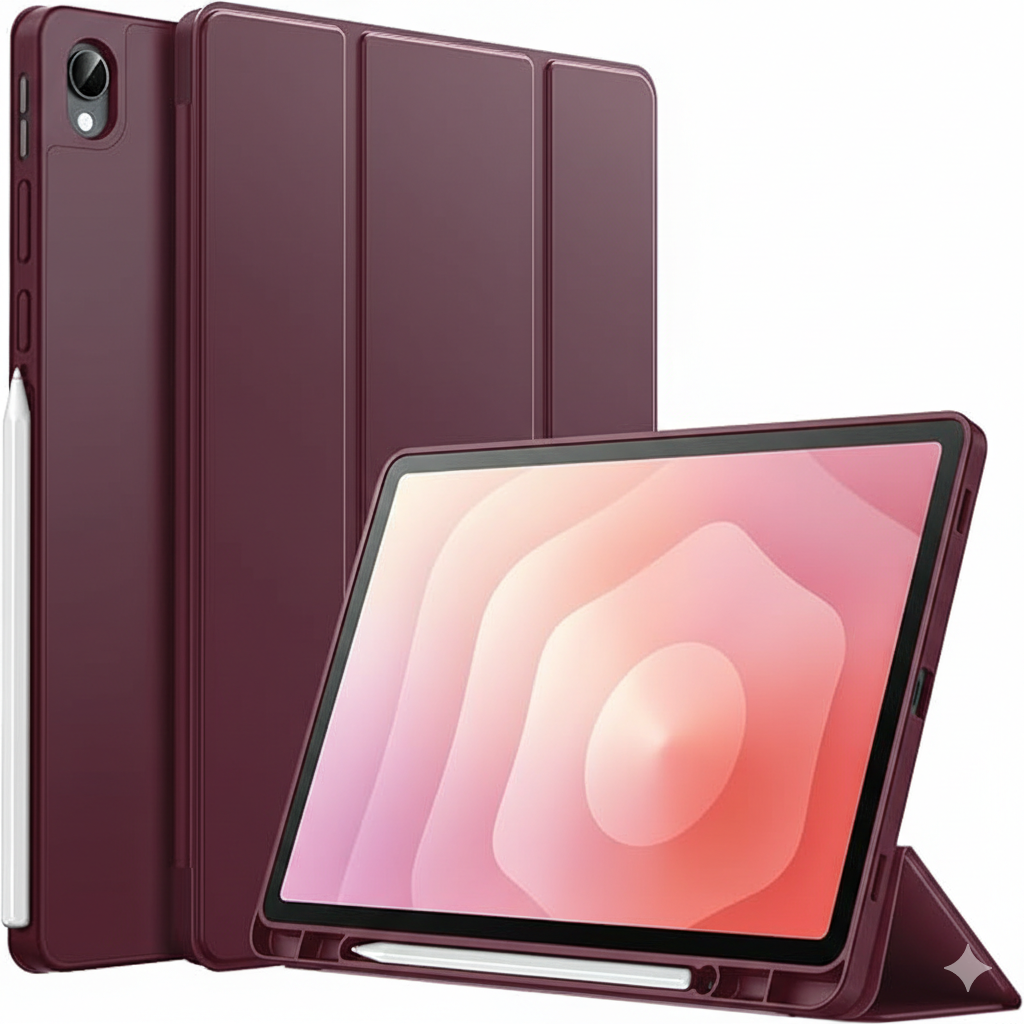 Samsung Galaxy Tab S11 Kalem Şarjına Uygun Kalemlikli Uyku Modlu Stromix Standlı Kapaklı Kılıf SM-X730 Bordo