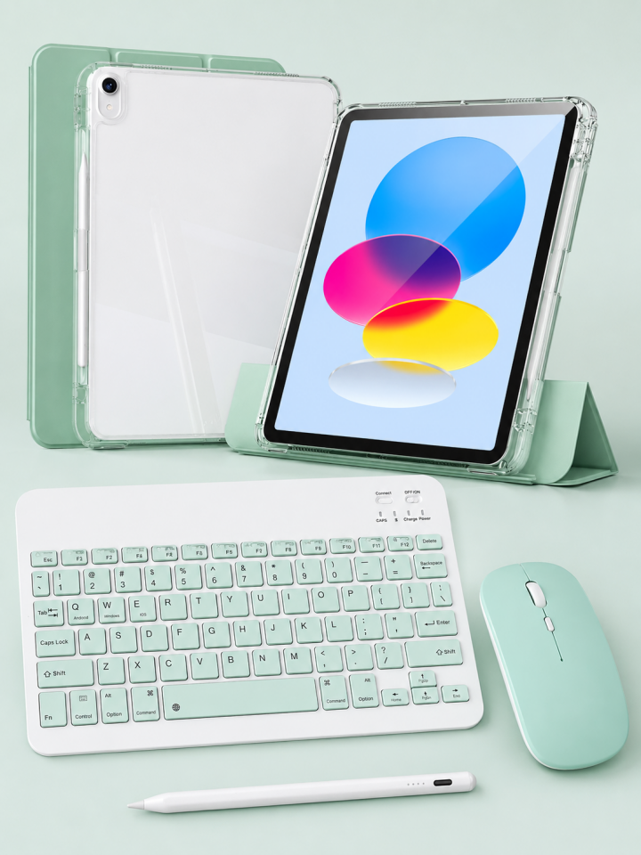 Five-E Apple iPad 10. Nesil 10.9 Inc Foldex Yatay ve Dikey Standlı Türkçe Klavye Mouse Kalem ve Kılıf Seti A2696 A2757